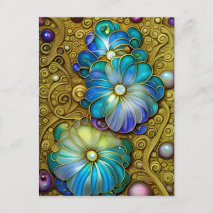 Carte Postale Fleurs Bleues Ornées