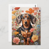Carte Postale Fleurs Brown De Dachshund Et Cosmos (Devant / Derrière)