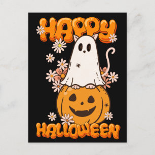 Carte Postale Fleurs Citrouilles de chatte-fantôme joyeux Hallow
