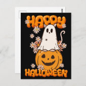 Carte Postale Fleurs Citrouilles de chatte-fantôme joyeux Hallow (Devant / Derrière)