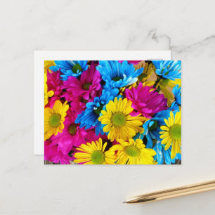 Carte Postale Fleurs Colorées, Marguerites - Bleu Jaune Rose