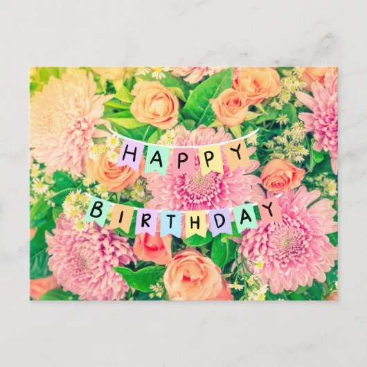Carte Postale Fleurs d'anniversaire - Chrysanthèmes roses et Ros (Devant)