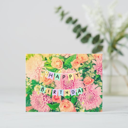 Carte Postale Fleurs d'anniversaire joyeuses - Filles roses et R (Debout devant)