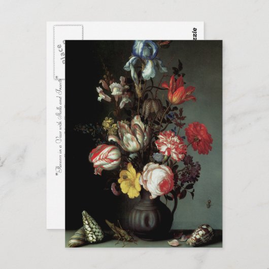 Carte Postale Fleurs dans un vase avec coquillages et insectes (Devant / Derrière)
