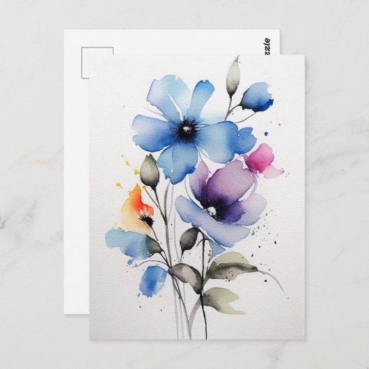 Carte Postale Fleurs d'aquarelle bleu et violet (Devant / Derrière)