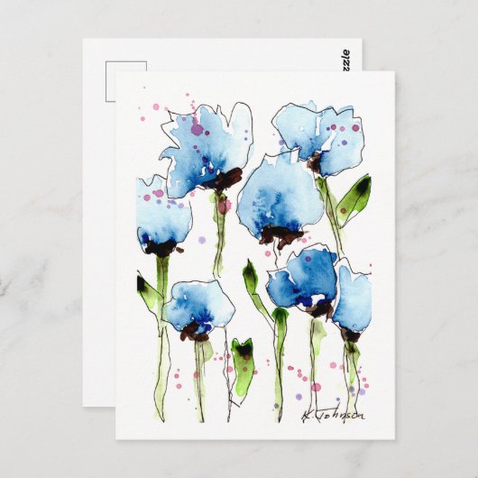 Carte postale Fleurs d'aquarelle bleue (Devant / Derrière)