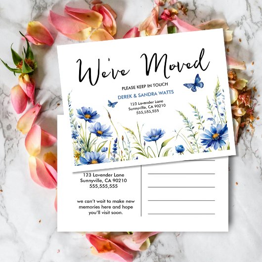 Carte Postale Fleurs d'aquarelle bleue et papillons | Changement