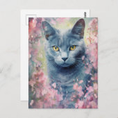 Carte Postale Fleurs d'aquarelle de chat bleu russe (Devant / Derrière)