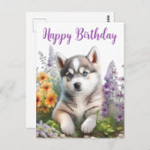 Carte Postale Fleurs d'aquarelle et chiot sibérien Husky (Devant / Derrière)