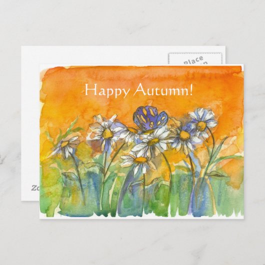 Carte Postale Fleurs d'aquarelle papillon Daisy Joyeux automne (Devant / Derrière)