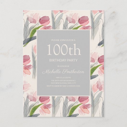 Carte Postale Fleurs d'aquarelle rose 100e anniversaire Femmes (Devant)