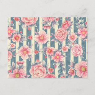 Carte Postale Fleurs d'aquarelle rose sur Motif rayé