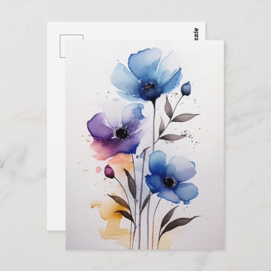 Carte Postale Fleurs d'aquarelle violette et bleue (Devant / Derrière)