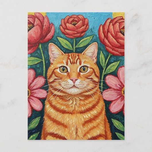 Carte Postale Fleurs d'art populaire de chats orange (Devant)
