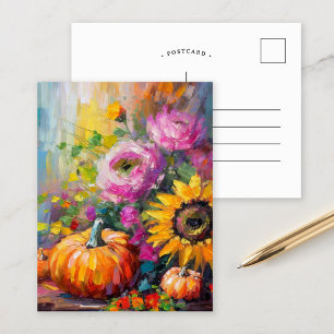 Carte Postale Fleurs d'automne colorées et citrouilles