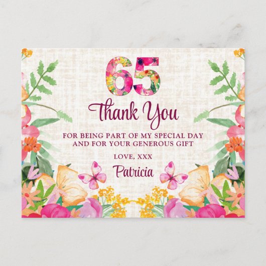 Carte Postale Fleurs de 65 ans Linge Floral 65e anniversaire Mer (Devant)