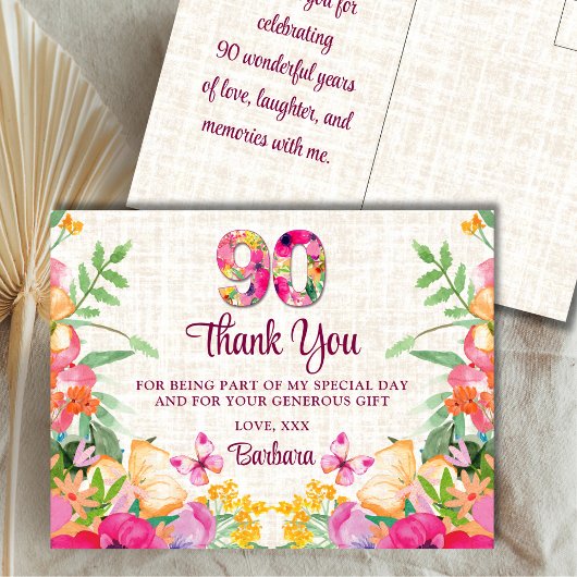 Carte Postale Fleurs de 90 ans Linge floral 90e anniversaire Mer