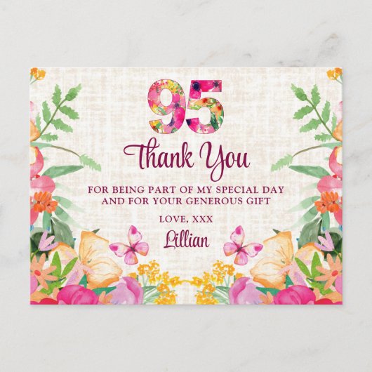Carte Postale Fleurs de 95 ans Linge floral 95e anniversaire Mer (Devant)