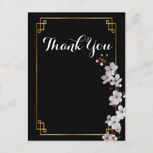 Carte Postale fleurs de cerisier blanches et cadre doré Merci