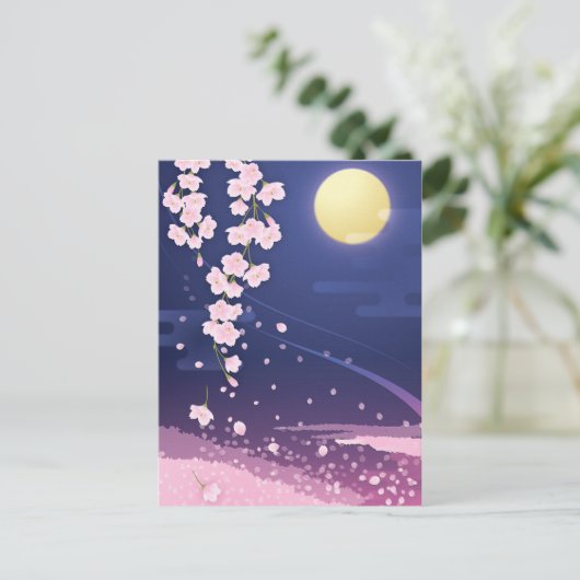 Carte Postale Fleurs de cerisier Sakura asiatique avec ciel noct (Debout devant)