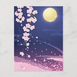 Carte Postale Fleurs de cerisier Sakura asiatique avec ciel noct