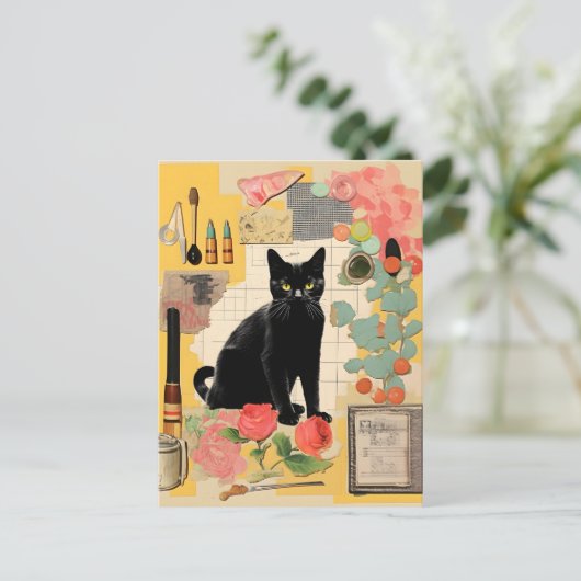 Carte Postale Fleurs de chat noir Retro Collage (Debout devant)
