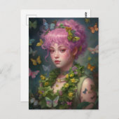 Carte Postale Fleurs de cheveux pourpres et femme papillon (Devant / Derrière)