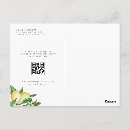 Carte Postale Fleurs de citron botaniques Code QR Enregistrer la (Dos)