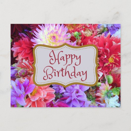 Carte Postale Fleurs de dahlia colorées vibrantes Joyeux Anniver (Devant)