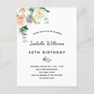 Carte Postale Fleurs de fête d'anniversaire blanc rose or rose r