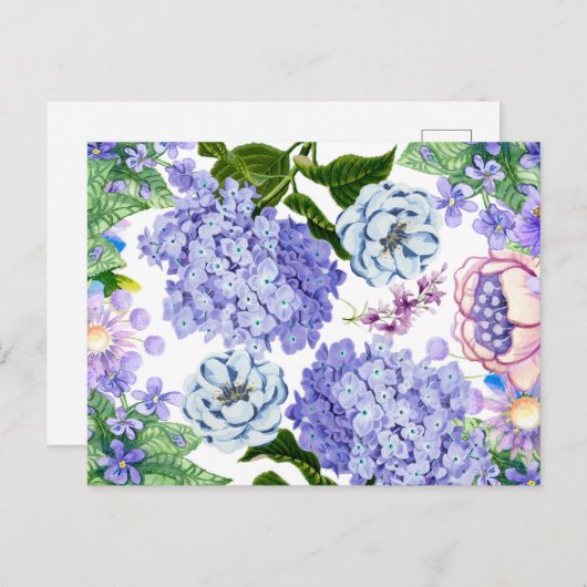 Carte Postale Fleurs de jardin aquarelle violet, rose et bleu (Devant / Derrière)