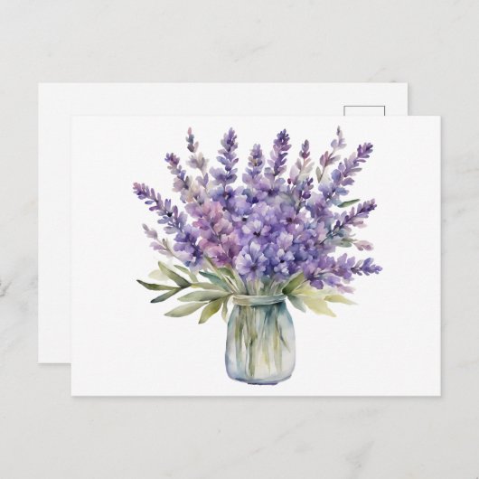 Carte Postale Fleurs de lavande dans un pot à l'aquarelle (Devant / Derrière)