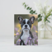 Carte Postale Fleurs de lupine de chiot de Boston Terrier (Debout devant)