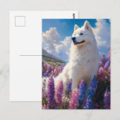 Carte Postale Fleurs de lupine violette de chien Samoyé (Devant / Derrière)