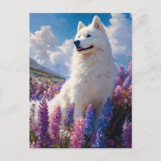 Carte Postale Fleurs de lupine violette de chien Samoyé (Devant)