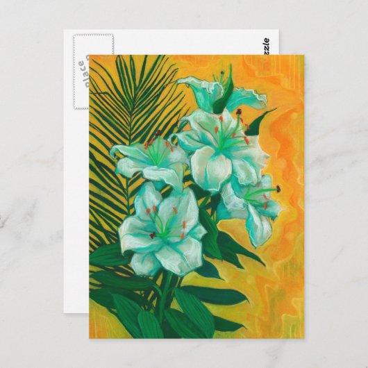 Carte Postale Fleurs de lys Feuille de palmier, Peinture d'art f (Devant / Derrière)