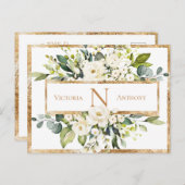 Carte Postale Fleurs de monogramme floral Gold White Save the Da (Devant / Derrière)