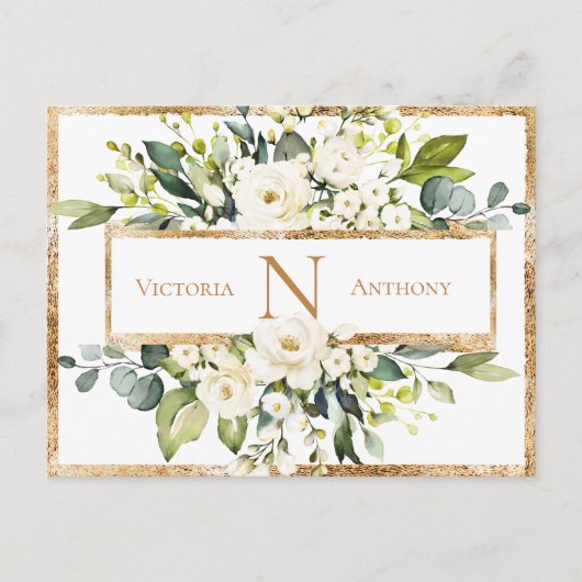 Carte Postale Fleurs de monogramme floral Gold White Save the Da (Devant)