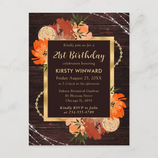 Carte Postale Fleurs de naissance orange brûlé rustique d'automn (Devant)