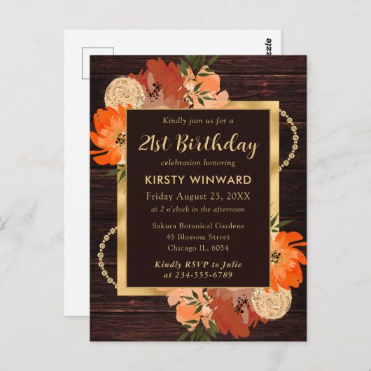 Carte Postale Fleurs de naissance orange brûlé rustique d'automn (Devant / Derrière)