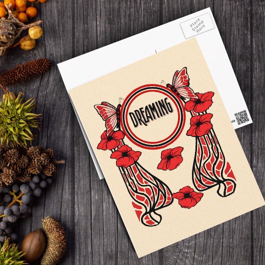 Carte Postale Fleurs de pavot rouge Papillon Rêve Abstrait