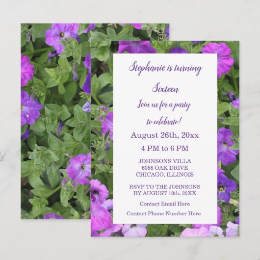 Carte Postale Fleurs de pétunia rose violet pour 16e anniversair (Devant / Derrière)