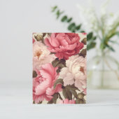 Carte Postale fleurs de pivoine roses et blanches avec des feuil (Debout devant)