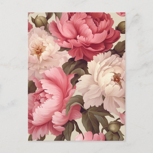 Carte Postale fleurs de pivoine roses et blanches avec des feuil (Devant)