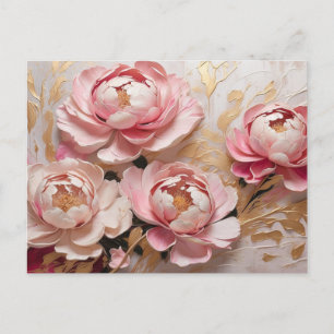 Carte Postale Fleurs de pivoine roses et dorées abstraites
