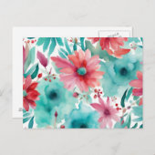 Carte Postale Fleurs de printemps à l'aquarelle bleu turquoise r (Devant / Derrière)