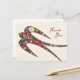 Carte Postale Fleurs de printemps colorées d'oiseaux d'hirondell