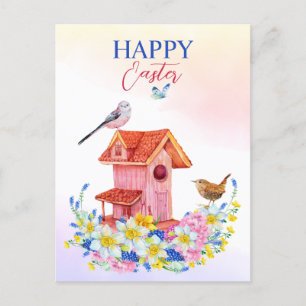 Carte Postale Fleurs de printemps et oiseaux maison d'oiseaux he