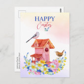 Carte Postale Fleurs de printemps et oiseaux maison d'oiseaux he (Devant / Derrière)