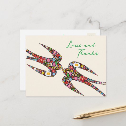 Carte Postale Fleurs de printemps Mariage en hirondelles baisant (Devant/Arrière en situation)